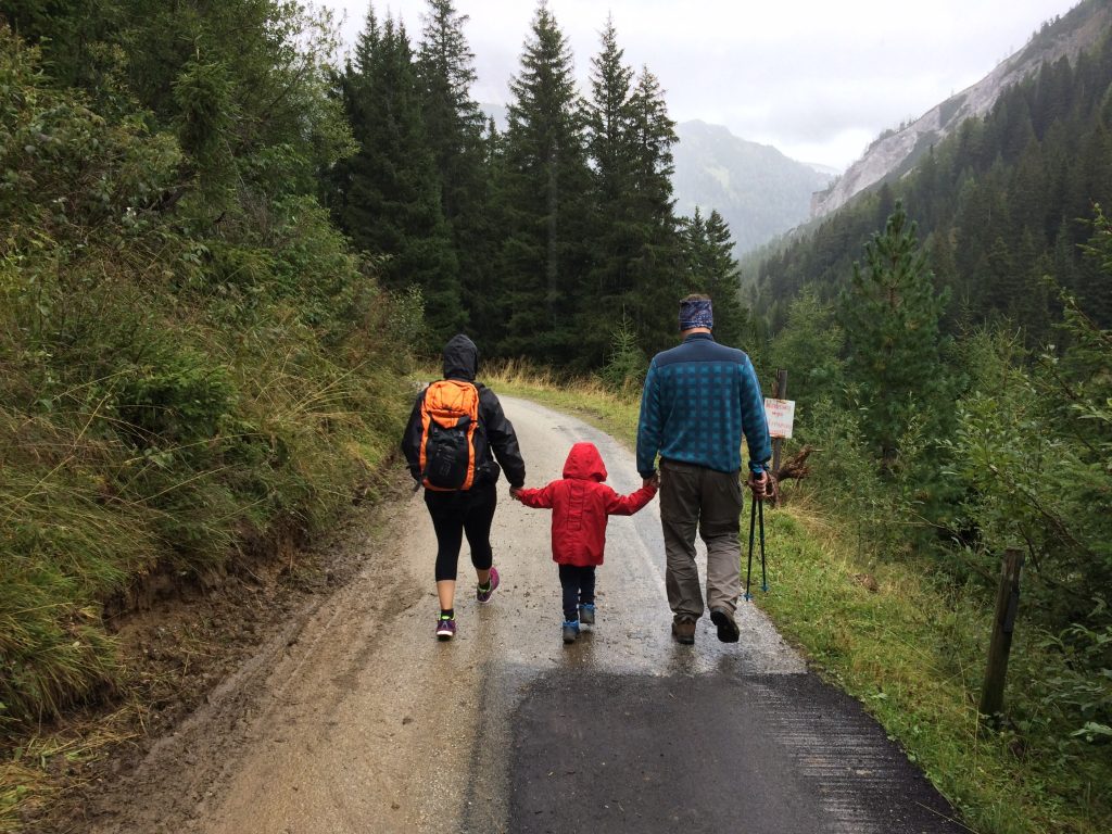 Family of three on a hike
